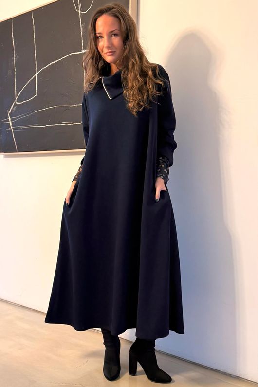 Sola Smart Tech Zip Cowl Trapeze Dress Navy /13=